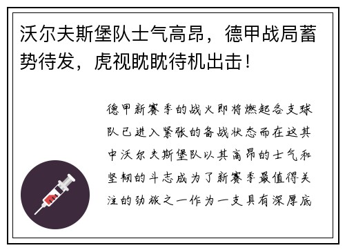 沃尔夫斯堡队士气高昂，德甲战局蓄势待发，虎视眈眈待机出击！