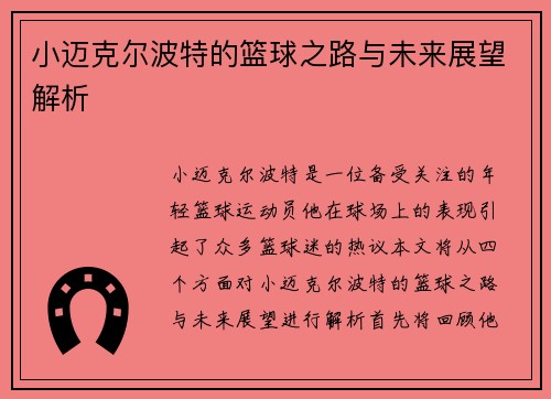 小迈克尔波特的篮球之路与未来展望解析